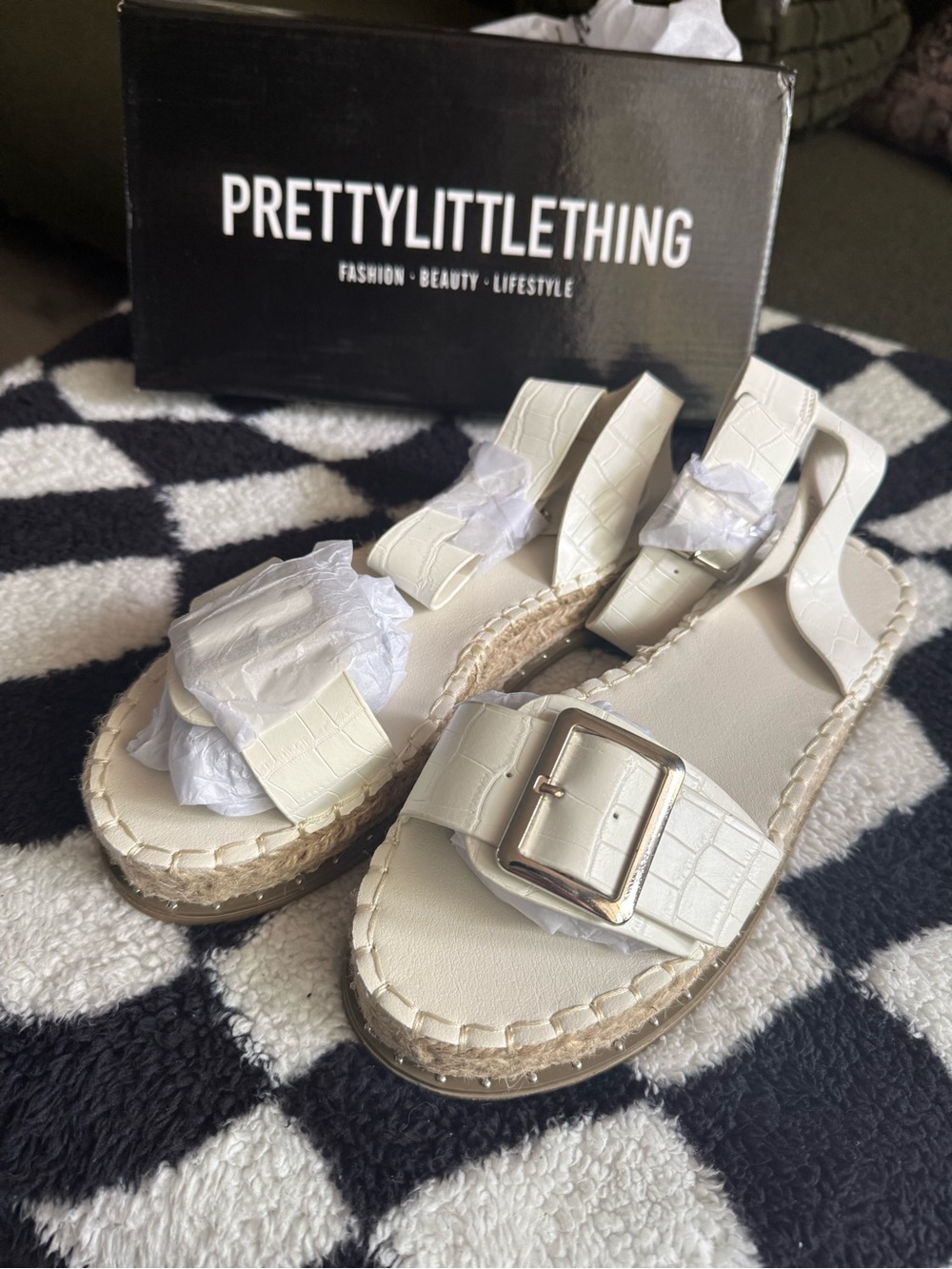 PrettyLittleThing Cream Croc-Embossed Buckle Espadrille Sandals